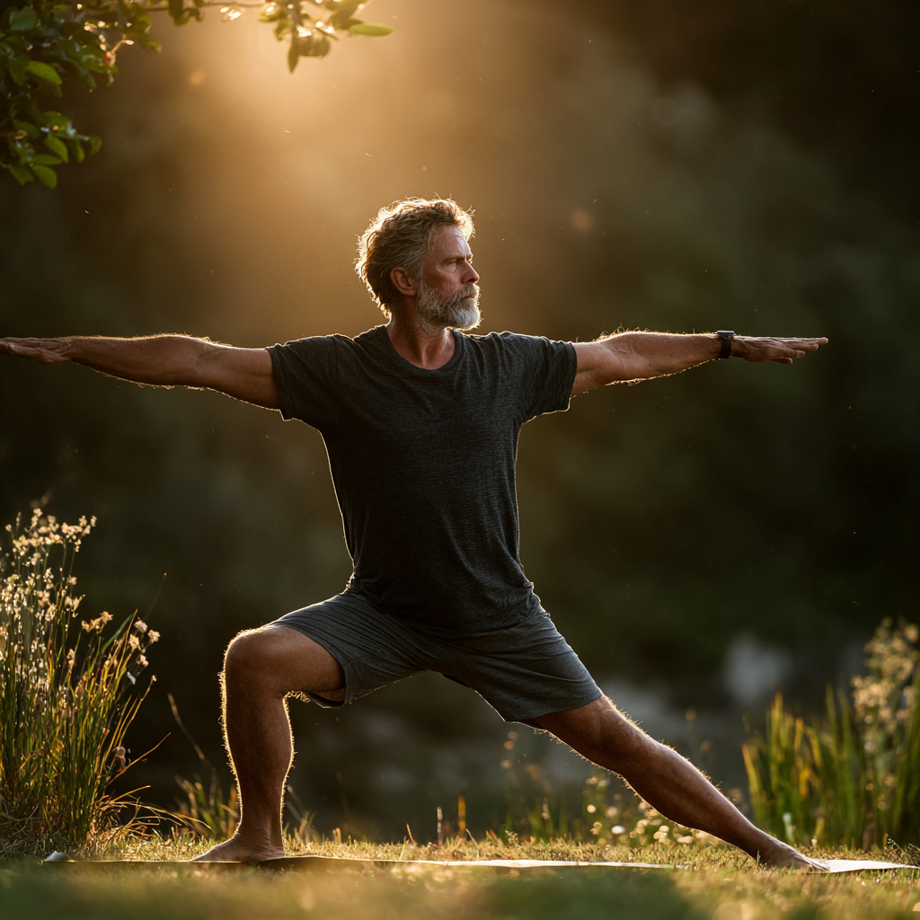 A man in his early 50s in a peaceful yoga warrior pose during an outdoor morning session, surrounded by nature with soft morning light